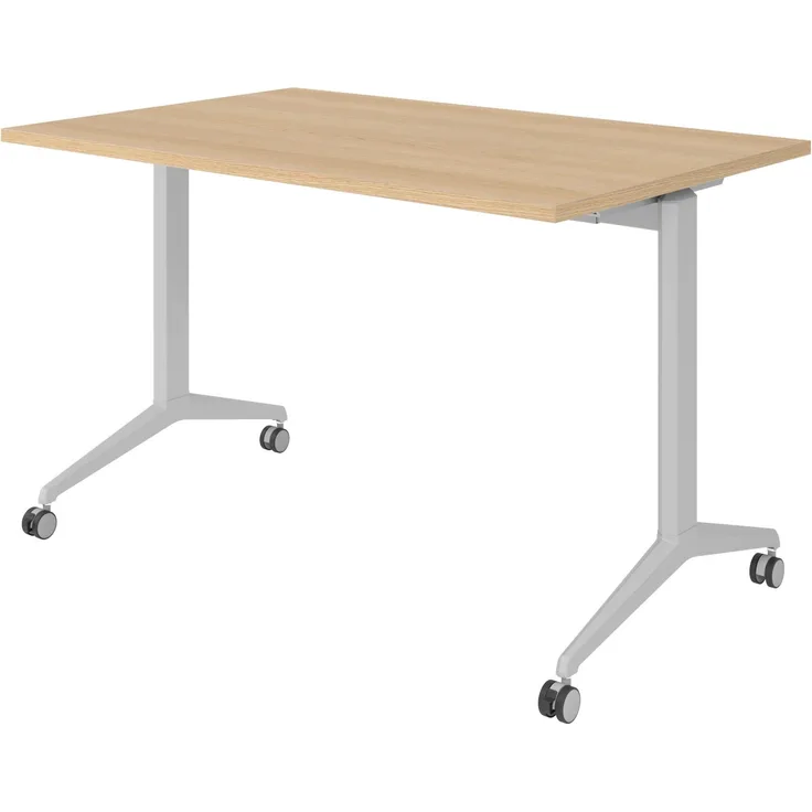 bümö Seminartisch klappbar fahrbar 120x80 cm Eiche, Gestell silber - Klapptisch staffelbar, mit vier Doppelrollen Büro Schulungstisch, KFZ12-E-S