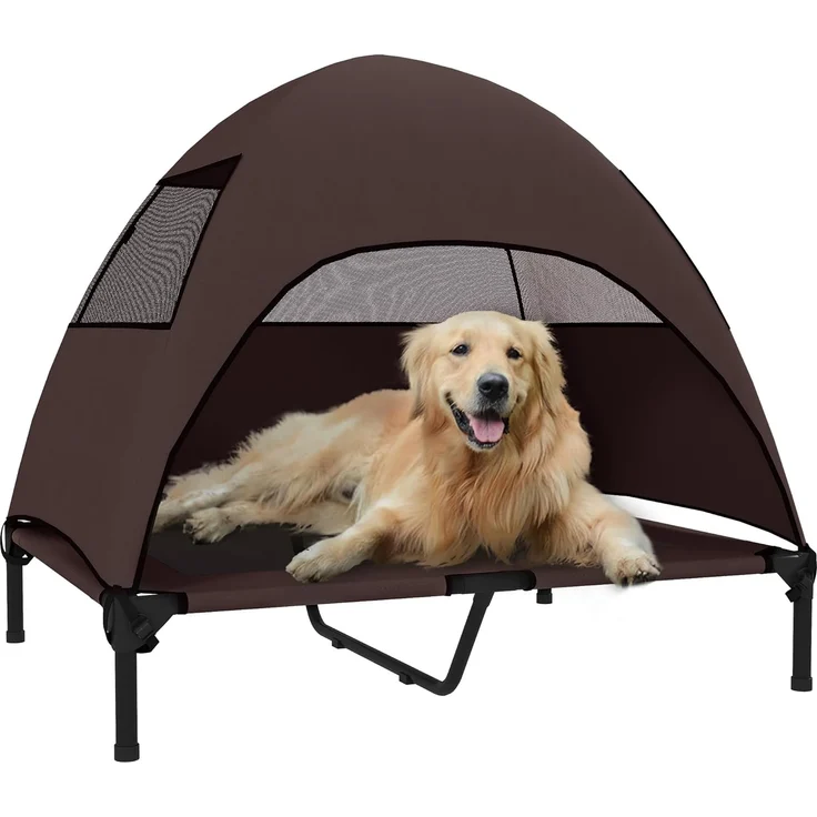 PawHut Tierbett mit Dach, waschbares Mesh Metallrahmen, Tragtasche, Polyester, Für große Hunde, für Draußen Camping 91 x 76 x 90 cm, Kaffee