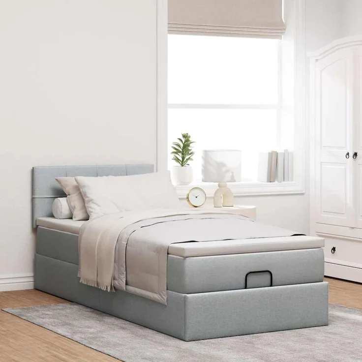 vidaXL Ottoman-Bett mit Matratze Hellgrau 100x200 cm Stoff 3311435 – Bild 3