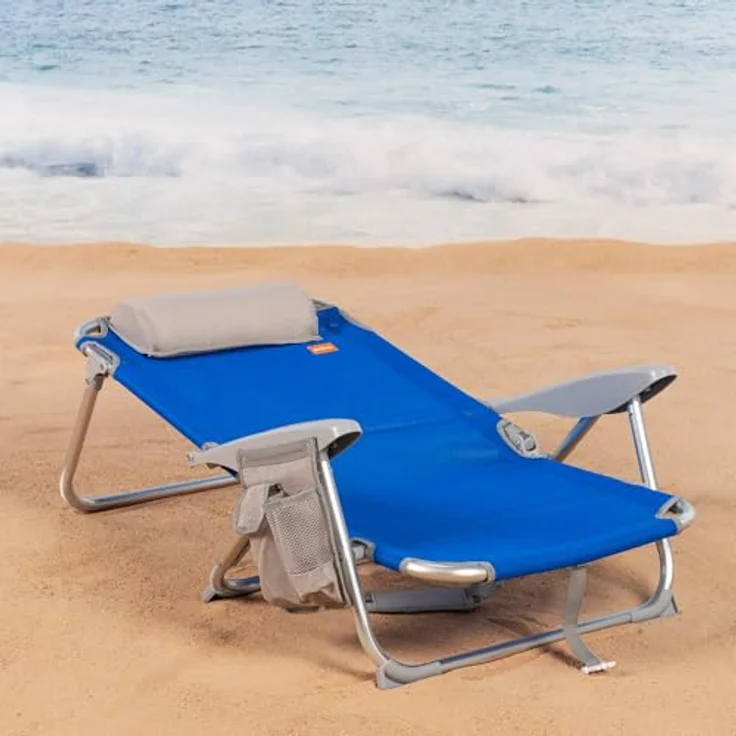 Aktive 62609 Strandklappstuhl mit Kissen, Liegestuhl, 4 Positionen, 62 x 62 x 76 cm, Sitzhöhe 20 cm, Tragegriff, Seitentasche, Blau, Aktive Beach – Bild 5