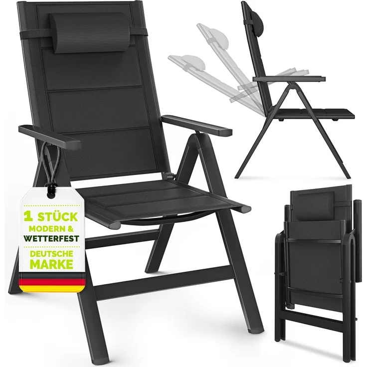 tillvex Gartenstuhl mit Polster Premium 1 Stück Schwarz klappbar aus Aluminium | Hochlehner mit Armlehnen | Klappstuhl verstellbar | Klappsessel Balkon Garten Terrasse – Bild 1