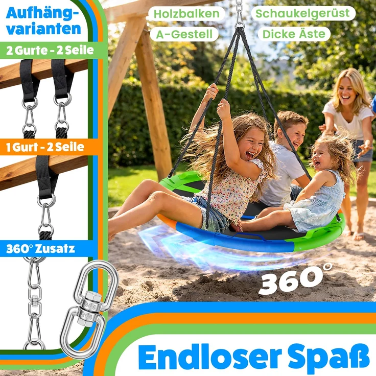 ELONEO Nestschaukel Outdoor & Indoor mit 90 oder 120 cm Durchmesser, Tellerschaukel, höhenverstellbare Hängeschaukel inkl. Kissen, Griffen und Zubehör-Set, Bunt - 120cm 90cm – Bild 5