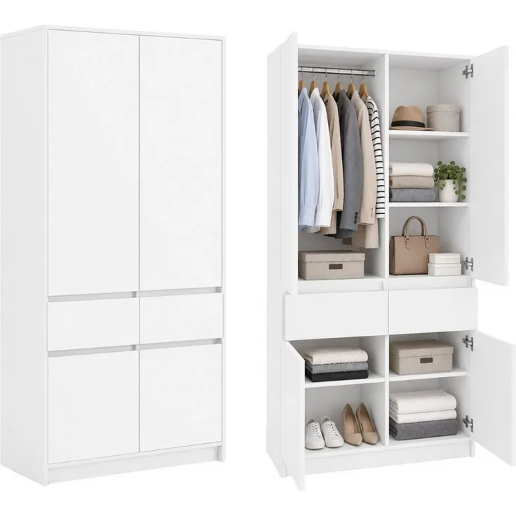 Home Collective Kleiderschrank Schrank Schlafzimmer Garderobenschrank Mehrzweckschrank Hochschrank (100 cm breit, mit 2 Schubladen, Kleiderstange & Einlegeböden) Wäscheschrank, vielseitig, grifflose Front, Weiß