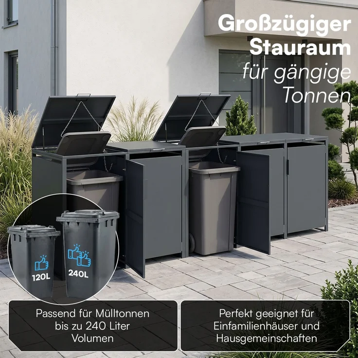 STEELSØN 'Thoria' Mülltonnenbox 5er je 240 Liter, anthrazit, Mülltonnenverkleidung aus Stahl, wetterfest, 116x80x337 cm, Müllbox für 5 Tonnen – Bild 2