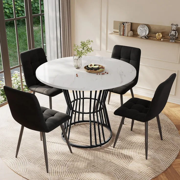 Essgruppe 5 Teilig Rundtisch 100 cm Marmor Optik mit 4 Samtstühlen Metallgestell Küchentisch Set Esszimmer Schwarz & Weiß