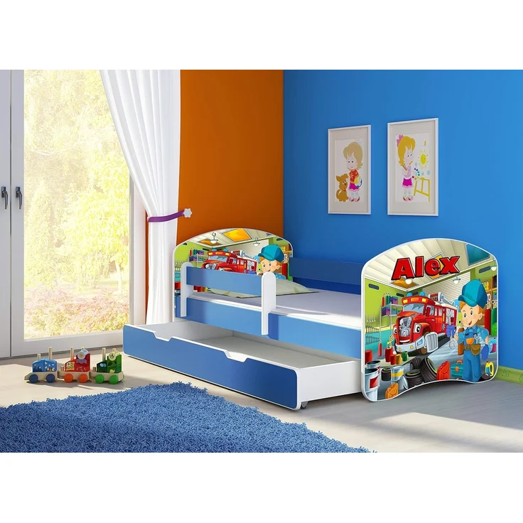 ACMA Kinderbett Jugendbett mit Einer Schublade und Matratze Blau mit Rausfallschutz Lattenrost II 140x70 160x80 180x80 (45 Mechaniker, 180x80 + Bettkasten) – Bild 4