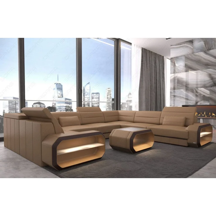 Leder Wohnlandschaft Verona U-Form – Komfort - Büffelleder - sandbeige-dunkelbraun - Rechts – Bild 3