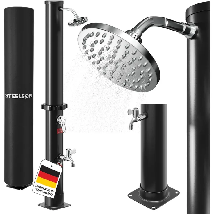 STEELSØN 'Velion' Solardusche 20 Liter, schwarz, warmes Wasser bis 60°C, Gartendusche mit schwankendem Regenduschkopf und Wasserhahn, Outdoor Dusche inkl. Schutzhaube