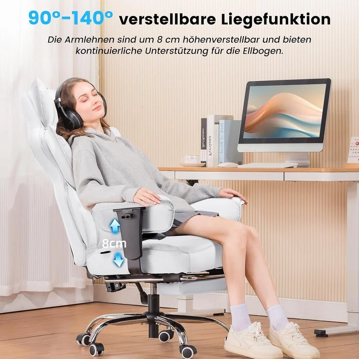 COMHOMA Gaming Stuhl, ergonomischer Bürostuhl, Schreibtischstuhl mit verstellbare Armlehnen, Taschenfederkern-Lendenwirbelstütze für große und hohe Personen, 180 kg, breiter Sitzfläche, weiß – Bild 6