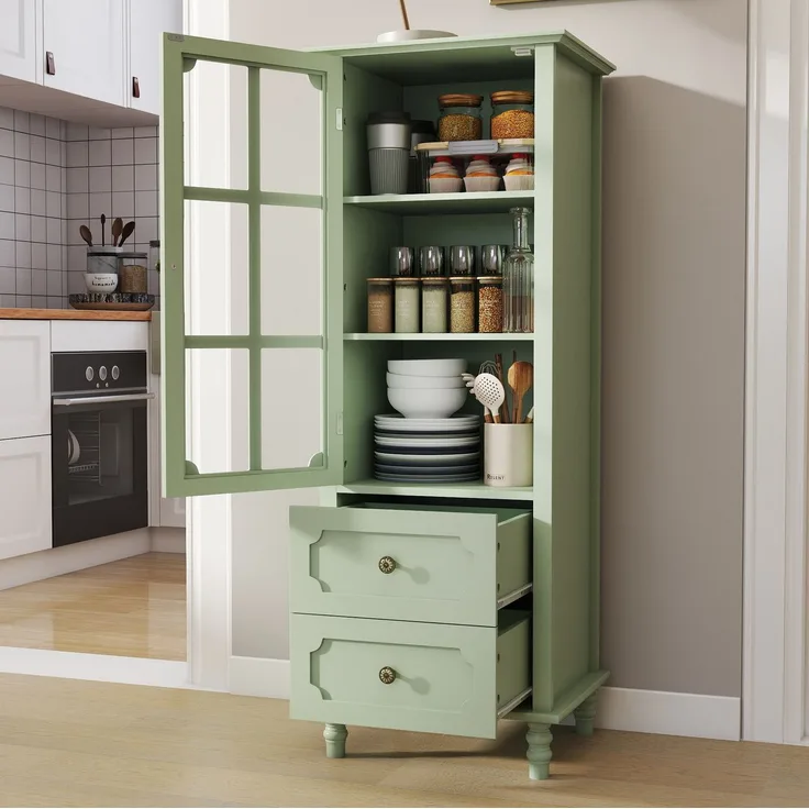 Vitrinenschrank 50 x 40 x 133 cm in Mintgrün mit Glastür und 2 Schubladen