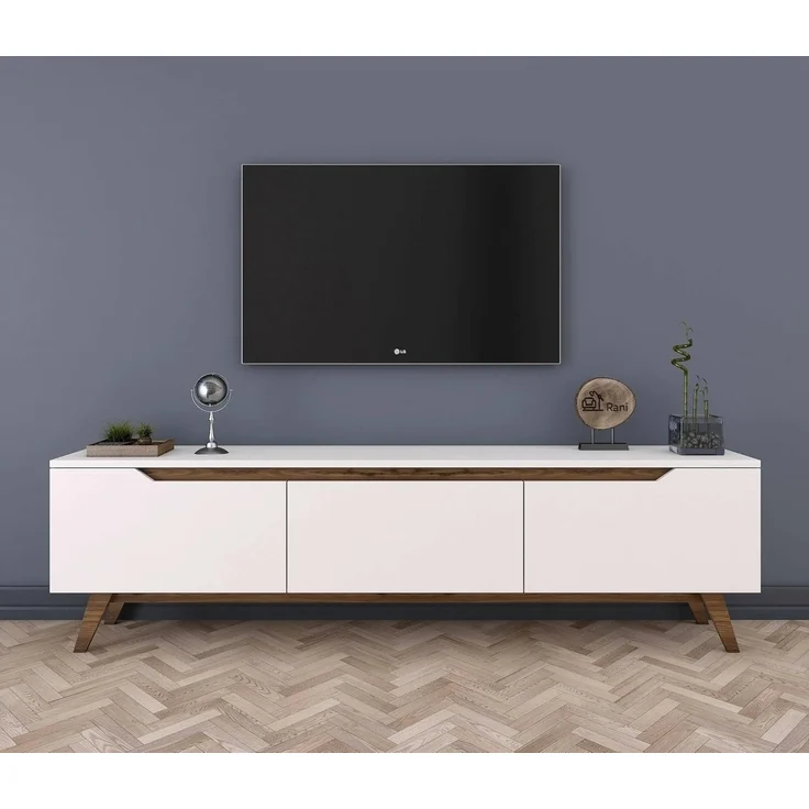Dmora - Fernsehschrank COR, Ständer für Wohnzimmerfernseher, Niedriges Wohnzimmer-Sideboard, TV-Ständerbasis, 180x35h49 cm, Weiß und Walnuss – Bild 8