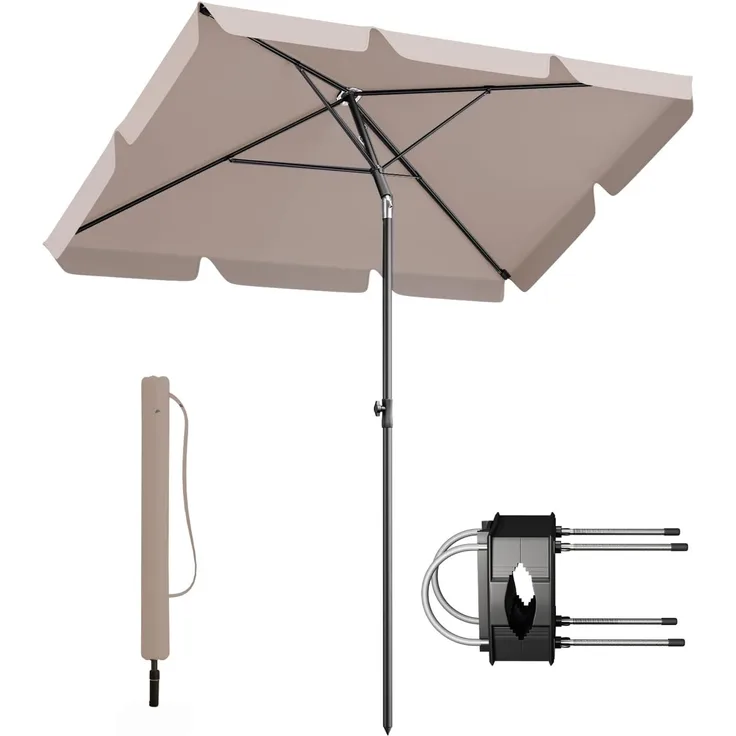 Sekey Balkon Sonnenschirm 3-in-1 SET | Rechteckig Sonnenschirm 200x125 cm, UPF50+, GRS-zertifiziert | 6-Stärkstahl-Rahmen + Sonnenschirmhalter + Sonnenschirmhülle | Für runde/ecks Geländer