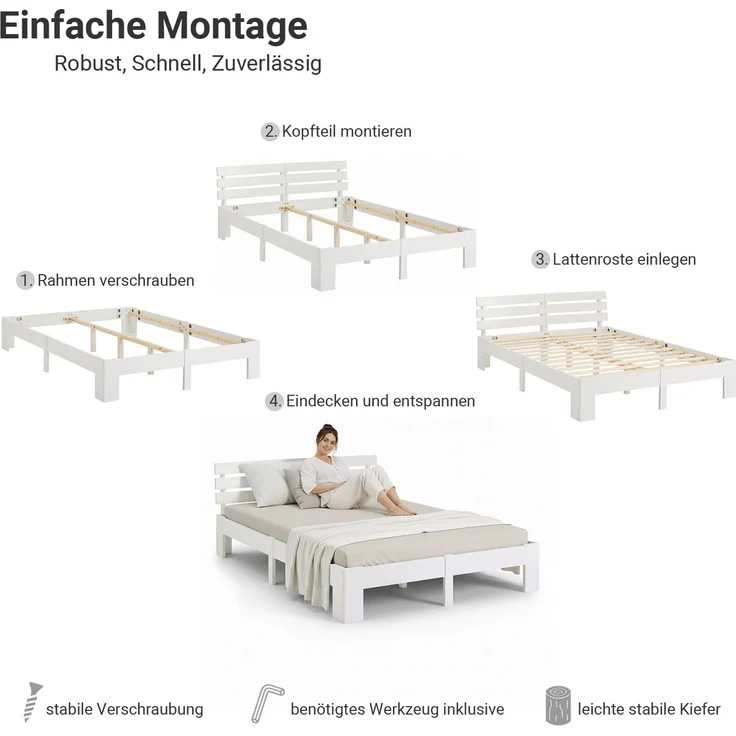 Holzbett mit Federkernmatratze 140x200 Weiß Jugendbett Doppelbett Bett Holzbettrahmen Massiv Holz Lattenrost – Bild 5