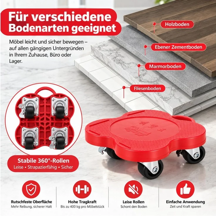 LEMLIT Möbelrolle Möbeltransport-Set mit 4 Möbelrollern und Hebel, bis 500 kg, (4er Set, 6-St, 4 Roller + 1 Hebel + 6 Pads + 2 Handschuhe), Transportroller Schwerlast 360° Rollen mit Bremse, Rot-Schwarz – Bild 2