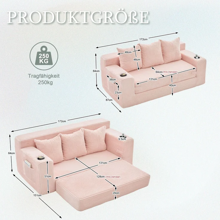 EINHOM Dreier-Sofa aus Baumwoll- und Leinenstoff, mit Getränkehalter und seitlichen Taschen, kann in drei Sitzplätze umgewandelt werden, rahmenloser Design mit gestrickten Kissen und Rückenlehne, großes Sitz – Bild 7