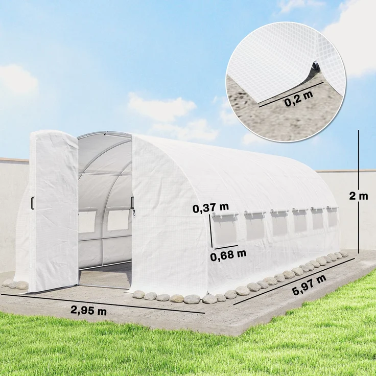 MELAYR, Tunnelgewächshaus 6x3x2 m mit Flügeltür, 12 Mesh-Fenstern und weiß verzinkter Stahlkonstruktion – Bild 5