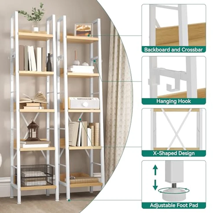 YITAHOME Schmal Bücherregal mit 5 Ebenen 35 cm Breit, Industrielles Leiterregal Standregal Holzregale und Metallrahmen, Modernes Regal für Wohnzimmer, Weiß und Eiche – Bild 4