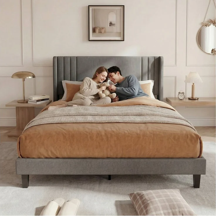 PXloue Polsterbett Daybett Jugendbett, Leinen Polsterbett, mit Lattenrost, hohem Kopfteil, 140x200 cm – Bild 3
