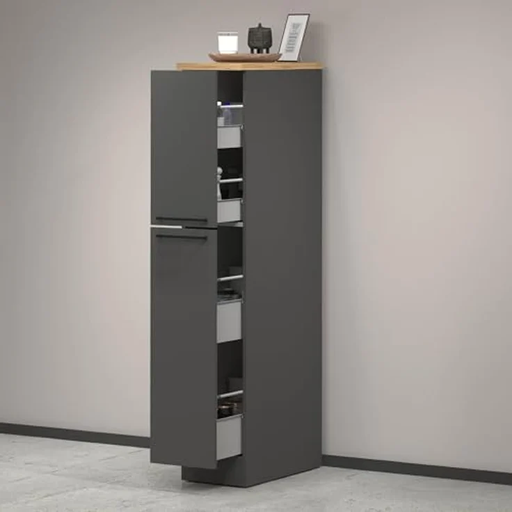 Dmora - Küchenschrank Quintino, Mehrzweckschrank, Küchenzeile Schrank, Multifunktionales Kühlregal, 100% Made in Italy, 30 x 60 x 165 cm, Anthrazit und Eiche – Bild 2