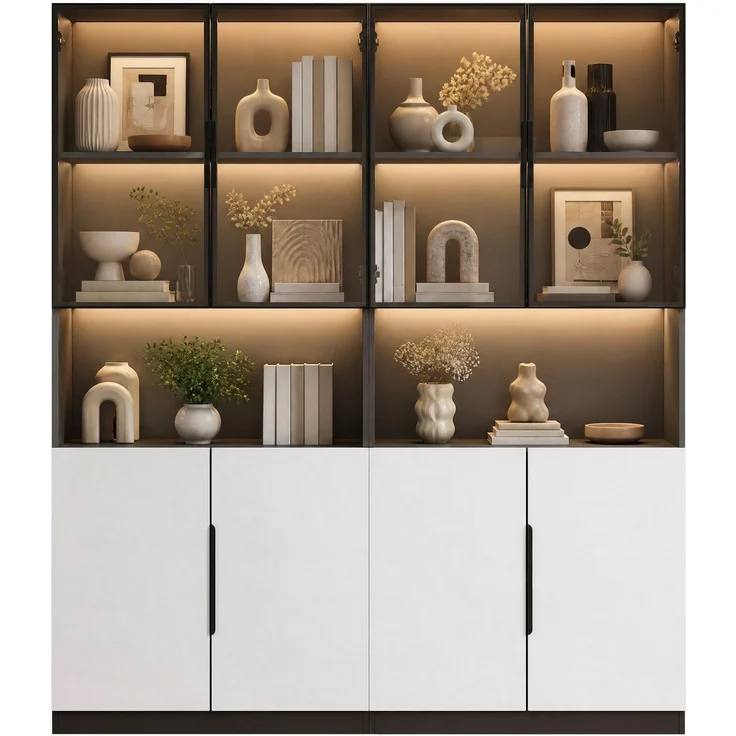 DESVIAE Vitrine mit LED-Beleuchtung und Glastüren, 160x200x30 cm, Spanplatte, Aluminium und Glas, Weiß/Schwarz – Bild 8
