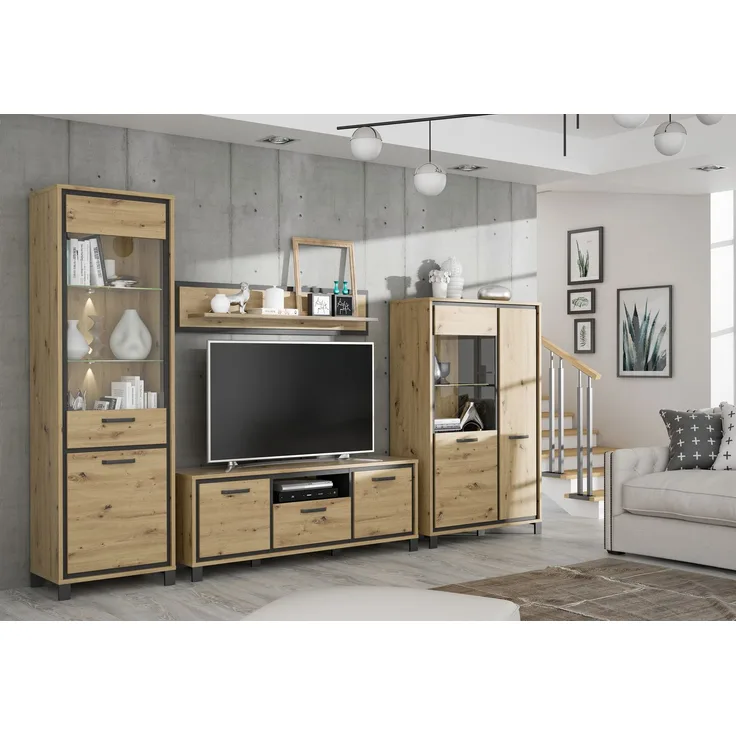 FORTE Trondheim Wohnwand, Holzwerkstoff, Schwarz/Braun, 344,2 x 208 x 41,5 cm