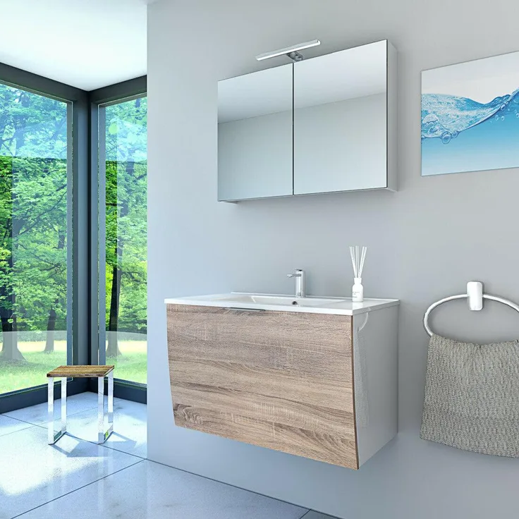 Badmöbel Set Gently 1 V1 Weiß/Eiche MDF Waschtisch 80cm JA mit 1x5W LED-Strahler