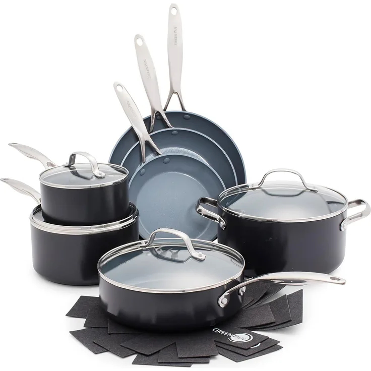 GreenPan Valencia Pro Kochgeschirr-Set, 100% schadstofffrei, gesunde Keramik, antihaftbeschichtet, Metall, spülmaschinen- und ofenfest, 11-teilig, grau