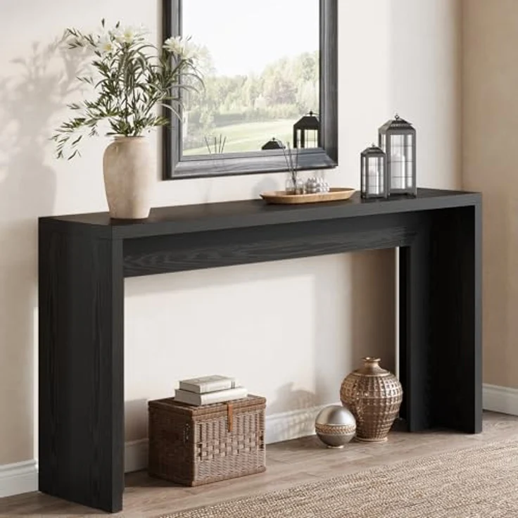 LITTLE TREE Konsolentisch im Landhausstil, 140 cm Langer Sofatisch aus Holz mit Stauraum für Eingangsbereich, Foyer, Flur, Wohnzimmer, einfache Montage (Schwarz) – Bild 6