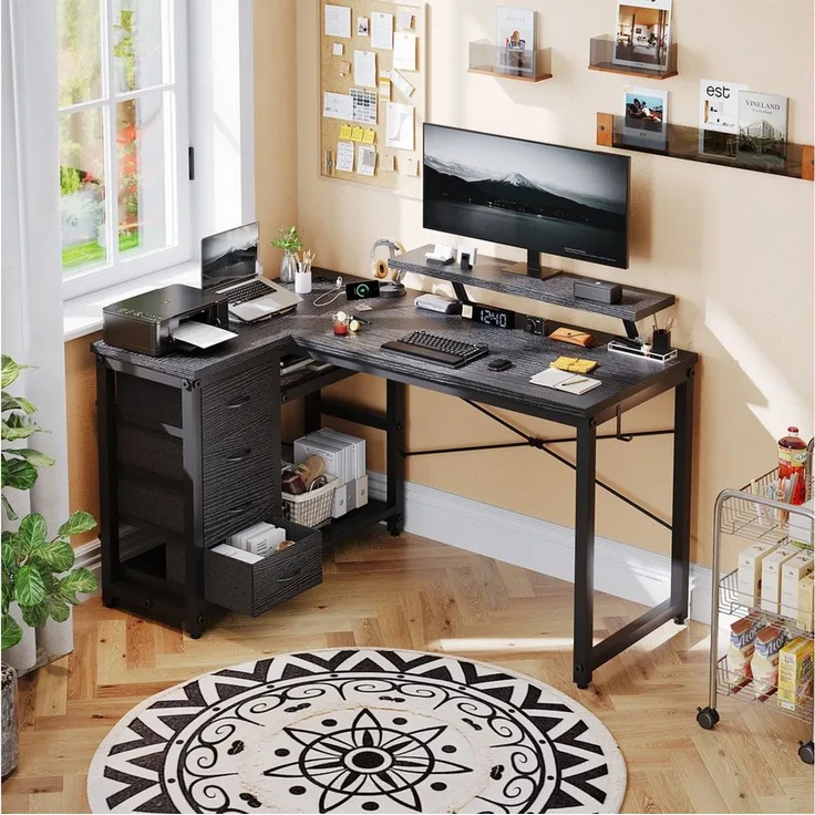 HOMALL Eckschreibtisch 140/160 cm Schreibtisch mit Schubladen, Monitorhalterung, Gaming-Tisch (Verfügt über vier Schubladen, eine Haupteinheit-Halterung, verstellbare Füße mit rutschfesten Polstern und ist beidseitig montierbar)