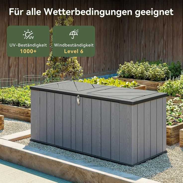 Aoxun Gartenbox aus Harz 600L,Auflagenbox Wasserdicht Außenmaße:142 x 67 x 63 cm,Wetterfest,Abschließbar,Grau – Bild 3