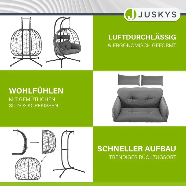 Juskys Doppelhängesessel Aria - Polyrattan Hängesessel mit Gestell & Kissen - Schaukel für zwei Personen - Outdoor Indoor Sessel - XXL Korb Grau – Bild 7