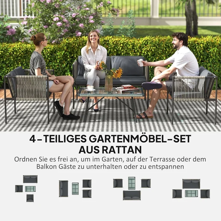 Outsunny Sitzgruppe mit 2er Sofa, Sessel, Glastisch, Kissen, (Gartenmöbel-Set aus Polyrattan, 4-tlg, wetterfest Lounge-Set), für 4 Personen, für Garten, Balkon, Grau – Bild 3