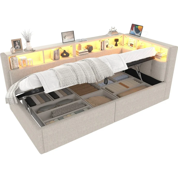 Stauraumbett mit LED-Beleuchtung, Lattenrost, Stauraum, Regal, USB und Type-C Anschlüssen, 90x200cm, Polsterbett, Einzelbett, Schlafsofa, Leinen – Bild 1