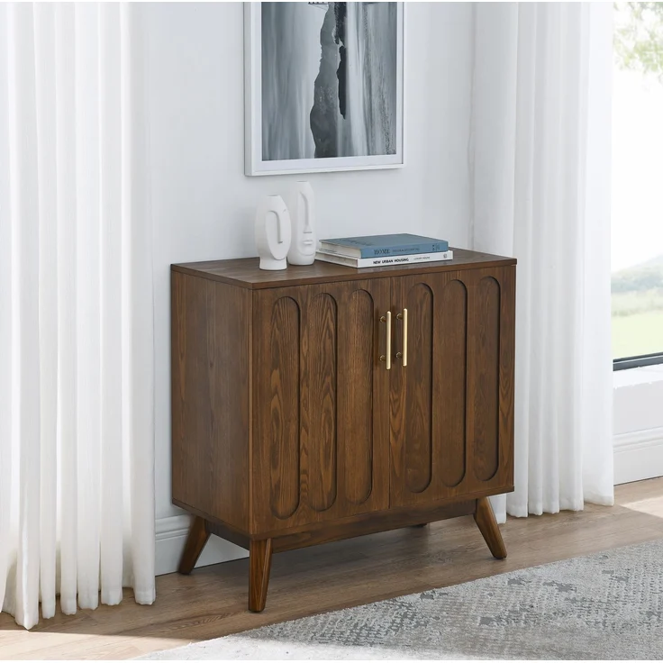 DESVIAE Sideboard Walnuss aus Massivholz/MDF – 89,54x48,26x24,77 cm – Riffelung, Steckdosenanschluss – Bild 1