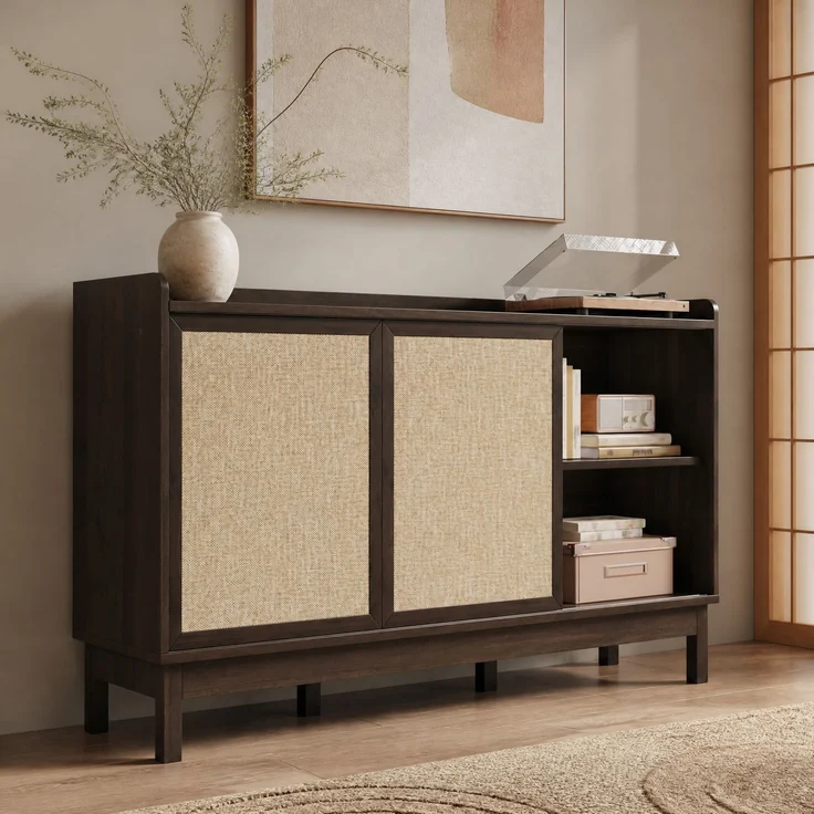 DESVIAE Sideboard mit Schiebetüren und 2 Schubladen 150x80x39,5 cm Spanplatte Natur – Bild 2