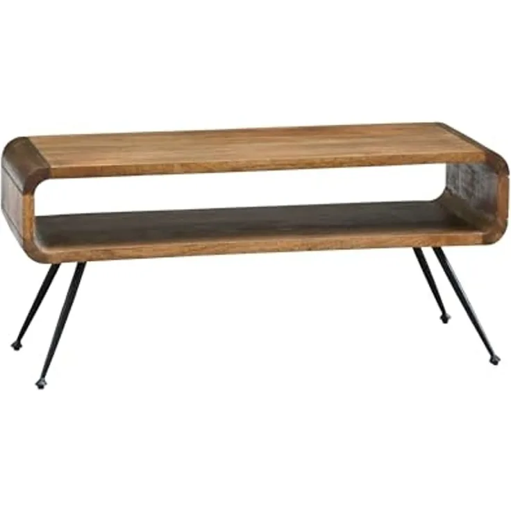 Couchtisch Mango Massivholz Metall 105cm - Design Wohnzimmertisch mit Ablagefach - Rechteckiger Sofatisch Retro - Loungetisch Holz - Natur Beistelltisch Handmade