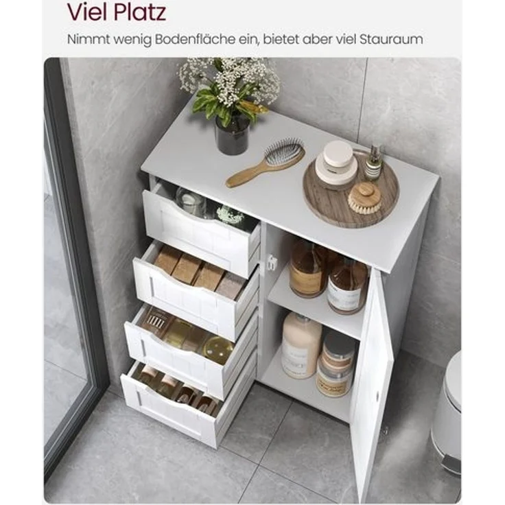 Vasagle Badezimmerschrank mit 4 Schubladen und verstellbarer Ablage, MDF weiß, 82 x 30 x 55 cm – Bild 2