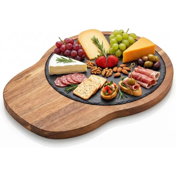 hausleben Servierbrett aus Akazienholz mit Schiefereinsatz, (Set, 1-St, 1-teiliges Set bestehend aus einem Akazienholz-Servierbrett), 29x23 cm, Rustikale Eleganz für Käse, Snacks & Deko