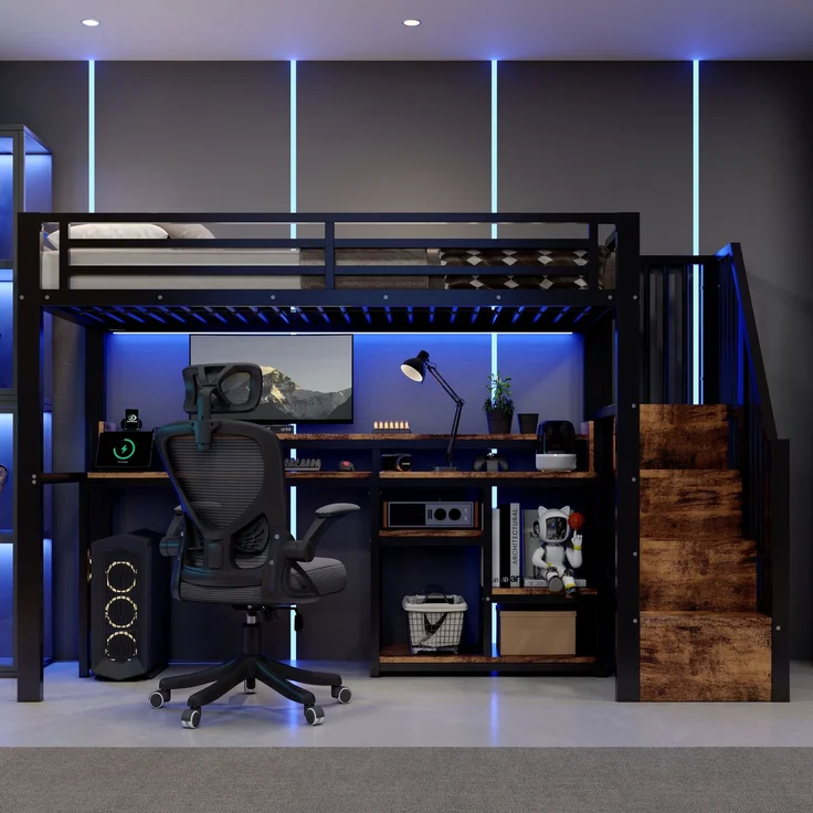 Hochbett, 90 x 200 cm, Metallbettgestell, Leiterschrank, Ablagefach, USB + Typ-C, LED-Lichtleiste, Ohne Matratze, Schwarz – Bild 4