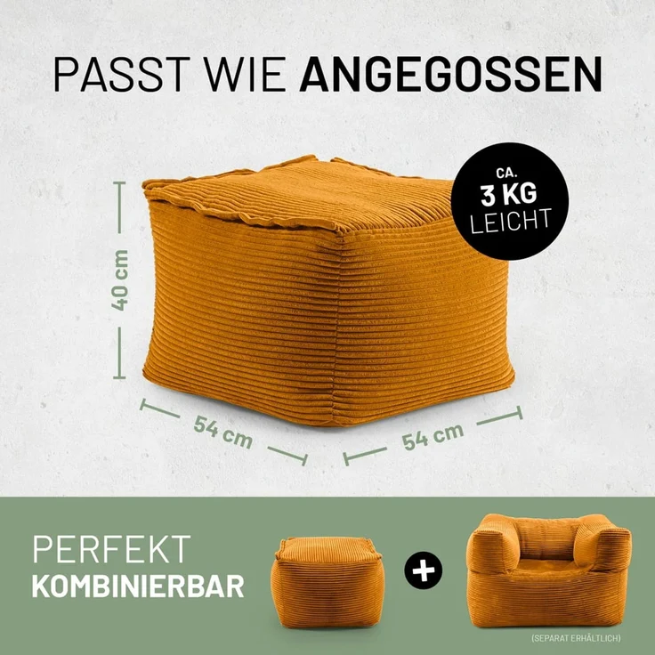 Lumaland Sitzsack-Sofa, Polyester, Pouf, Cord - Senfgelb, 40 x 54 x 54 cm – Bild 2