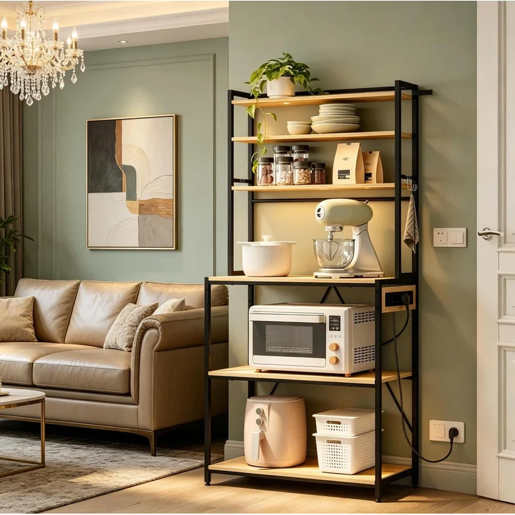 DESVIAE Regal mit Steckdosen und 6 offenen Fächern 80x167x40 cm Metall Spanplatte Lichteiche Helle Eiche – Bild 5