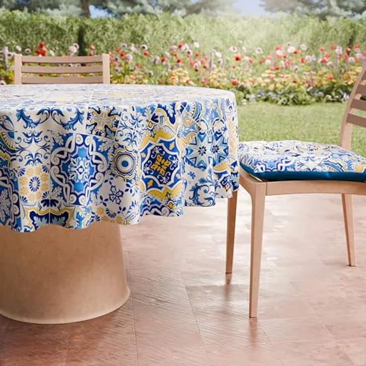 PETTI Artigiani Italiani - Schmutzabweisende runde Tischdecke aus Mikrofaser (Durchmesser 220 cm), Küchentischabdeckung für runden Tisch, Design Vietri 02, Blau, 100% Made in Italy – Bild 4