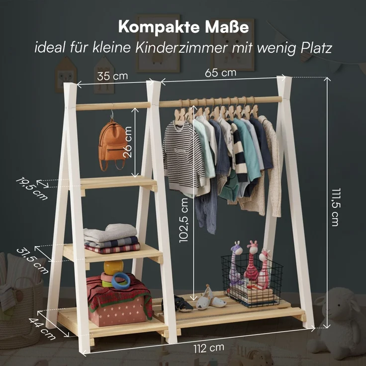 Bellabino 'Ryck' Tipi Kleiderstange mit 3 Regalen, Kiefer Massivholz, weiß/natur, 112x48x112 cm, Kindergarderobe mit Schuhablagefläche – Bild 6