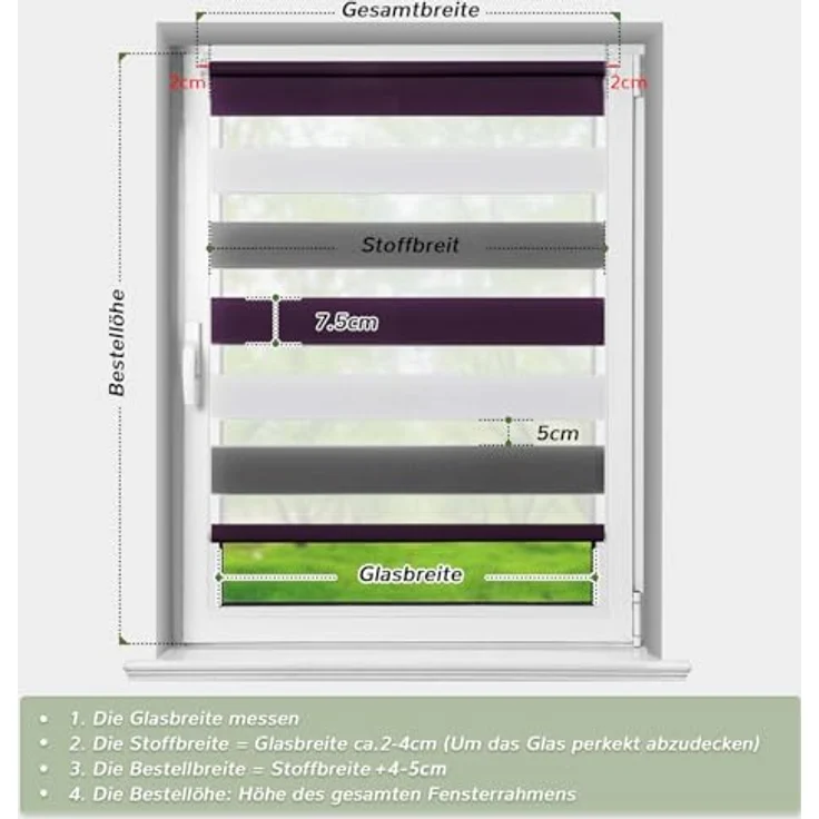 Deswell Doppelrollo Klemmfix ohne Bohren Weiß-Grau-Lila B60 x H130 cm (Stoffbreite 56cm) Rollos für Fenster ohne Bohren für Fenster mit Lichtdurchlässig & Verdunkelnd/Höhe Stufenlos Verstellbar – Bild 5