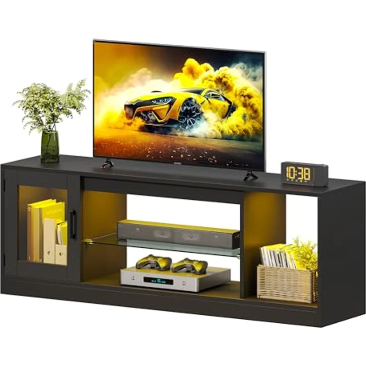 YITAHOME TV Schrank, TV Lowboard LED Schwarz - Fernsehschrank Fernsehtisch mit RGB-LED-Leuchten Lowboard Glasregal Fächern für 65 Zoll & kleinere TVs,für Wohnzimmer Schlafzimmer, B148 x H51 x T32 cm – Bild 7