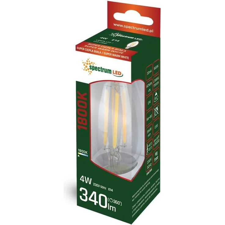 Spectrum LED-Leuchtmittel LED E14 C35 Filament klar 4W 230V 340lm Kerze 300° Extra Warm 1800K, E14, Extra Warmweiß, Filament klar, Extra Warmweiß – Bild 2