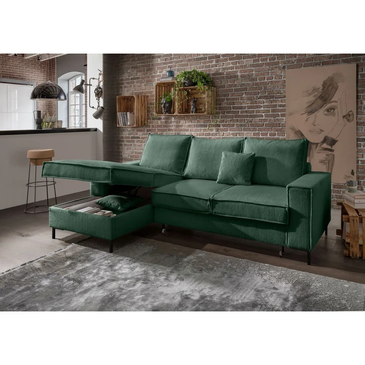 Polsterecke >Rube< Schlaffunktion, Stauraum, Cord moosgrün - 240x92x150cm (BxHxT) – Bild 4
