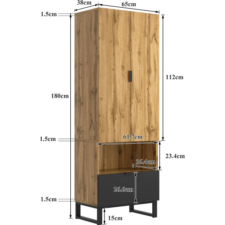 Merax Garderobenschrank-1St, 1 Schubkästen, Ein Fach mit verstellbaren Einlegeböden,mit Kleiderstange, Holz und Schwarz – Bild 4