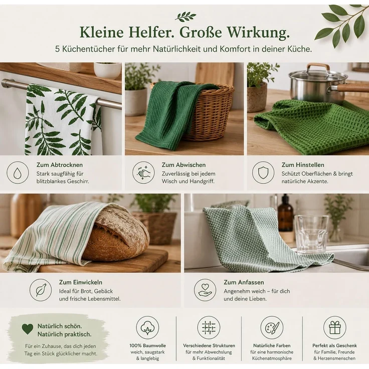 Küchentücher, Geschirrtücher Haushaltstücher 5er Set Grün – Bild 5