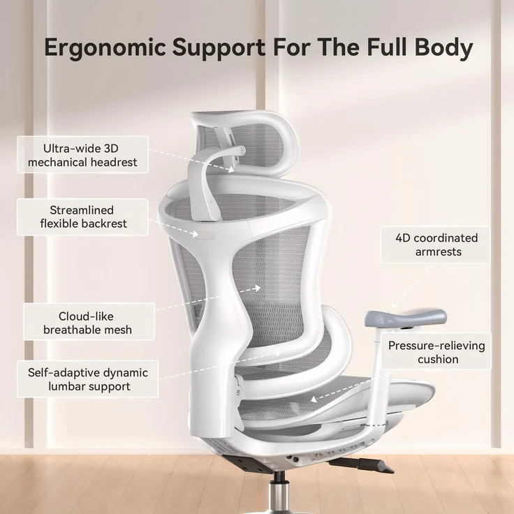 Sihoo 'Doro C300L' ergonomischer Schreibtischstuhl, 126x78,5 cm, in Weiß – Bild 12
